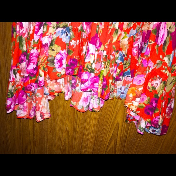 ICONS Objects of Devotion Floral Dress puff sleeve Red Pink Ruffle Neckline Hem - Picture 7 of 15